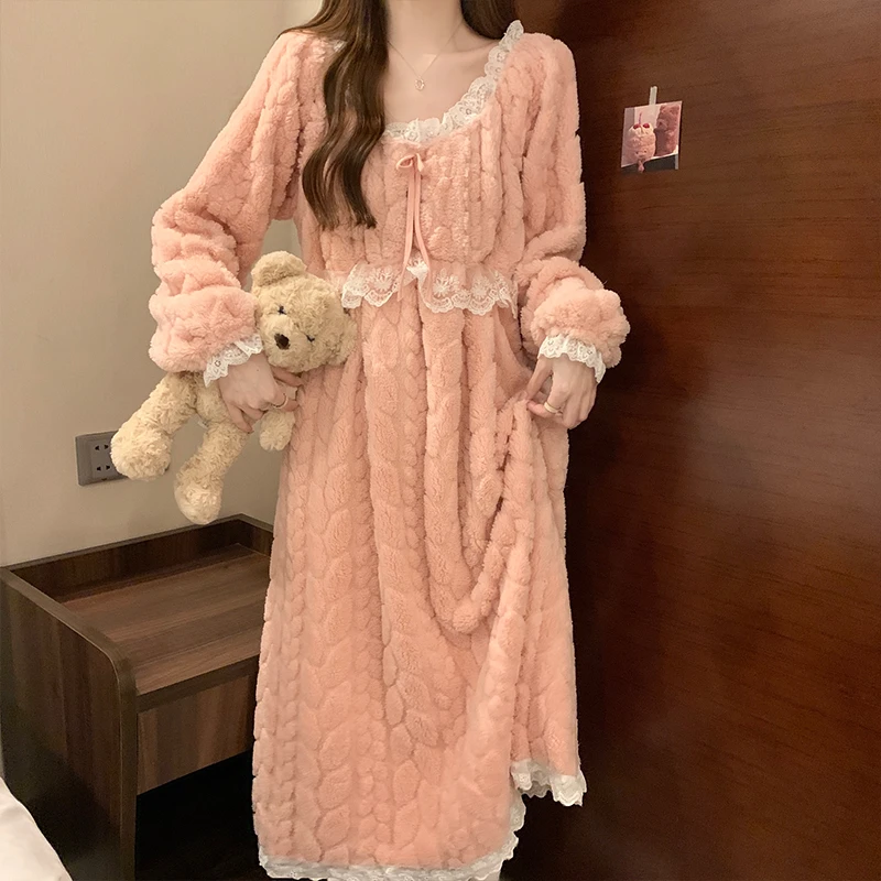 睡裙女秋冬季珊瑚绒性感加厚加绒睡衣冬天法兰绒公主风长款家居服