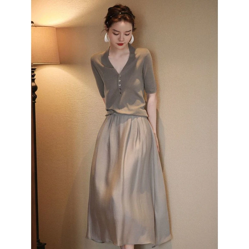 时尚简约风穿搭套装夏季年新款领上衣搭冰丝半身裙两件套女洋气