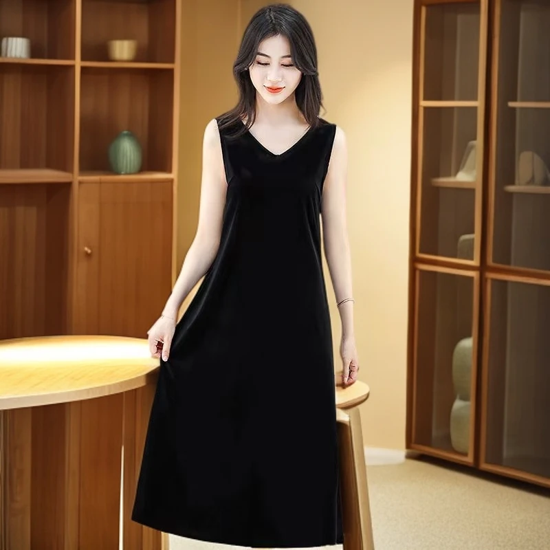 新款秋季纯色侧开衩口袋丝绒吊带垂感长款连衣裙女气质裙法式长裙