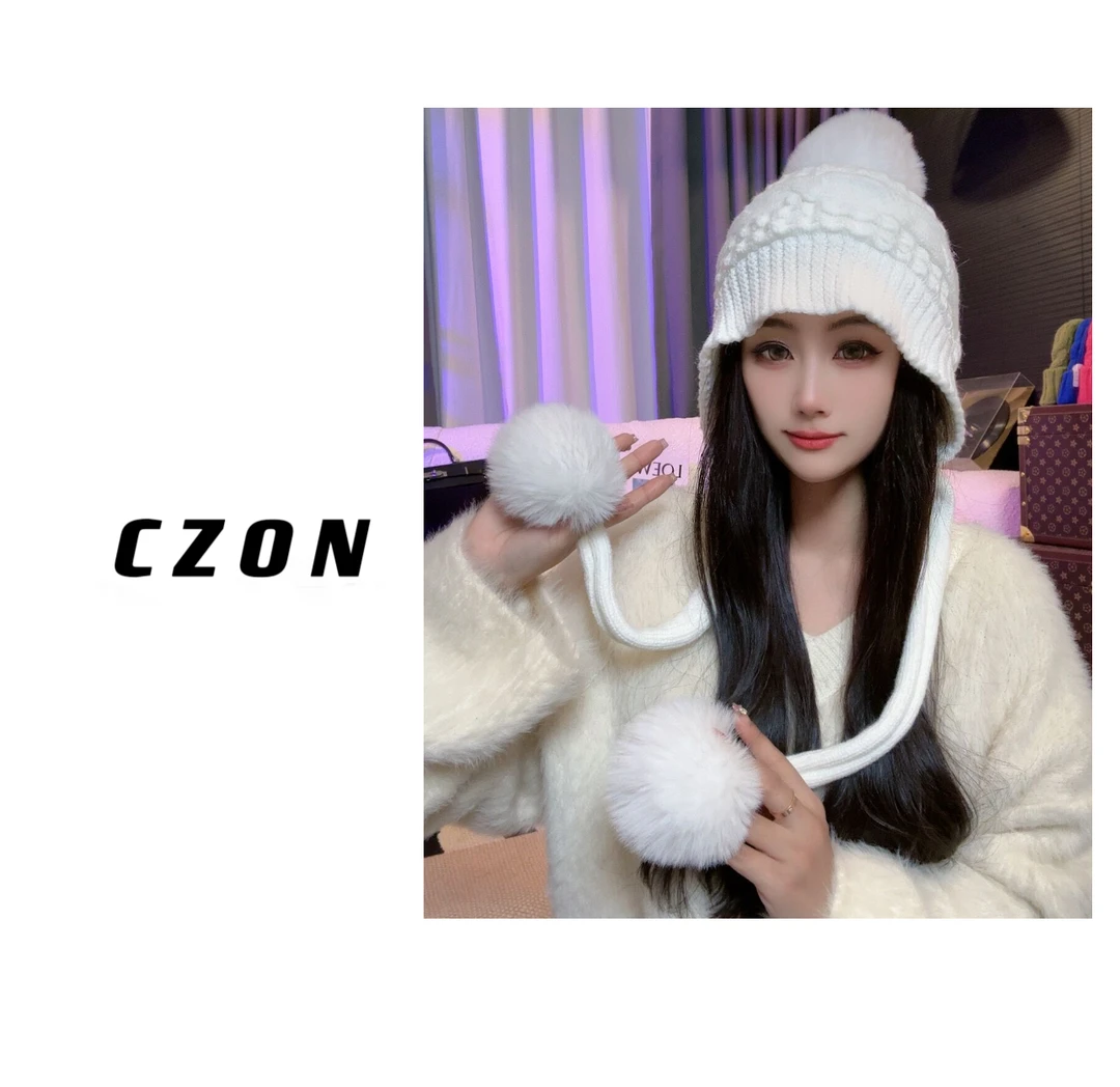 【CZON】手工款麻花加绒大毛球护耳保暖骑行针织帽