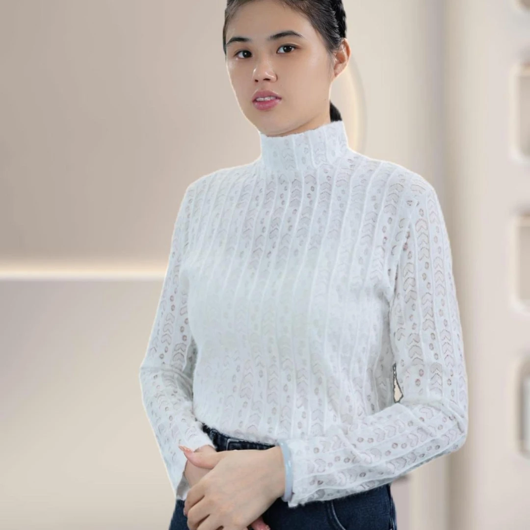 半高领磨毛蕾丝打底衫女加绒2023秋冬新款洋气内搭小衫网纱上衣女
