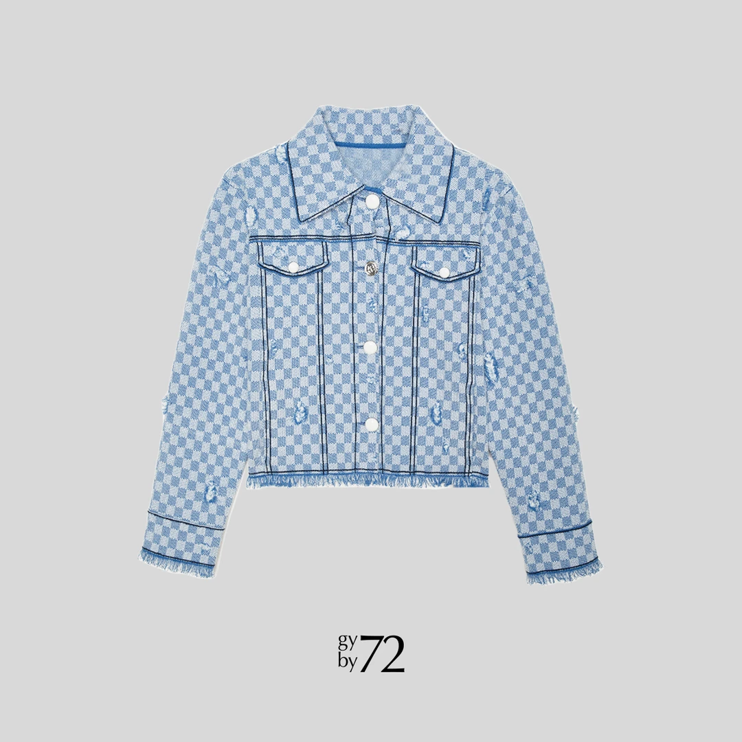 gy by 72/‘牛仔很忙”秋季女外套翻领棋盘格长袖气质仿牛仔夹克衫