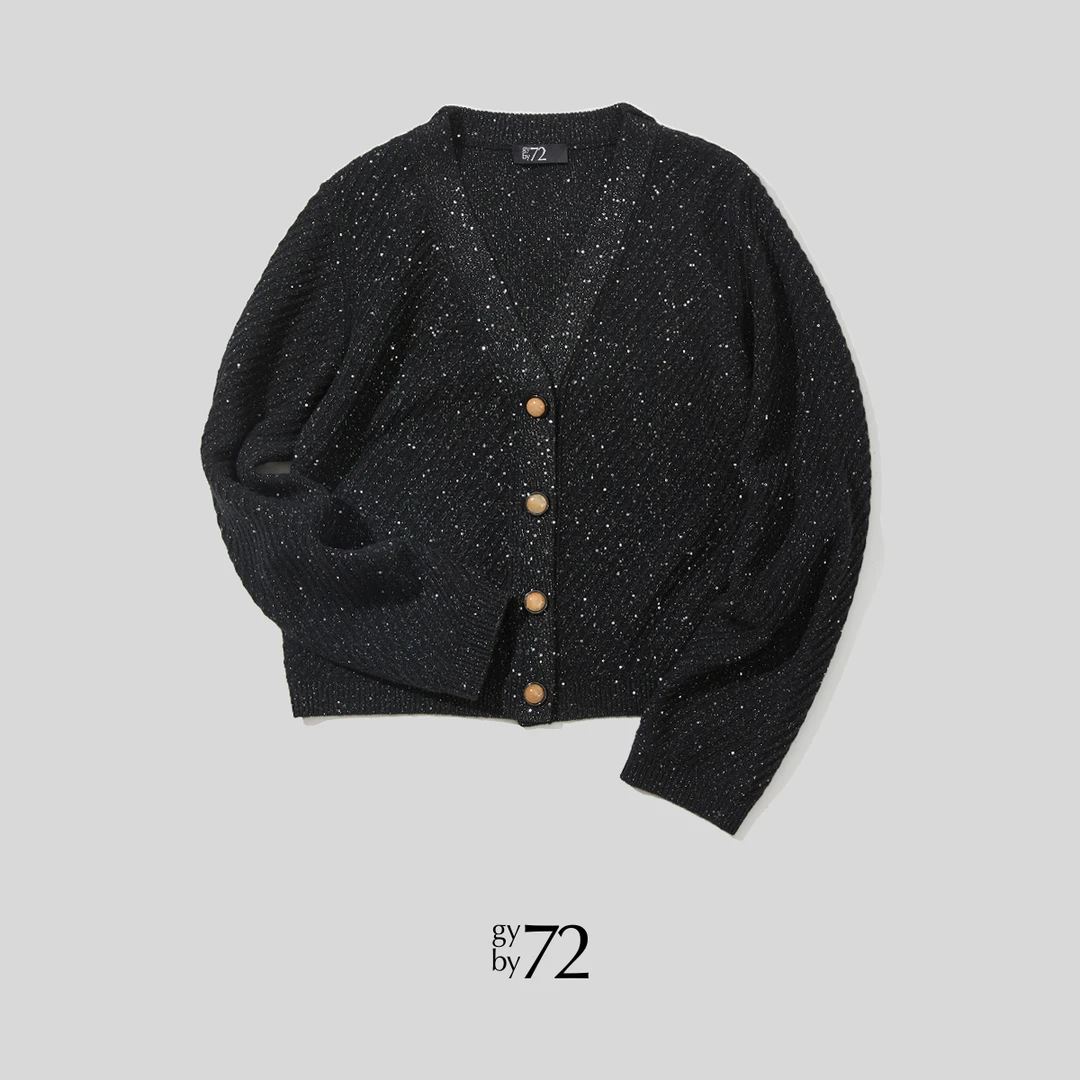 gy by 72/ ”绝美之城”显瘦V领魅影黑长袖亮闪针织开衫重磅奢华女