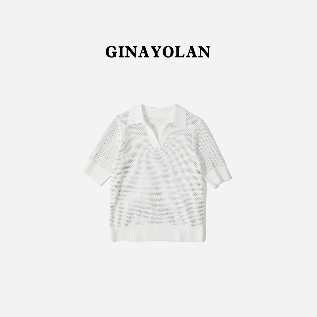 GINAYOLAN/瑾颜 【设计师系列】气质高腰时尚大气烫钻短袖针织衫