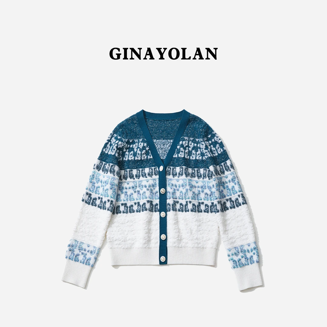 GINAYOLAN/瑾颜【买手系列】秋季时尚宽松复古针织撞色提花毛衣