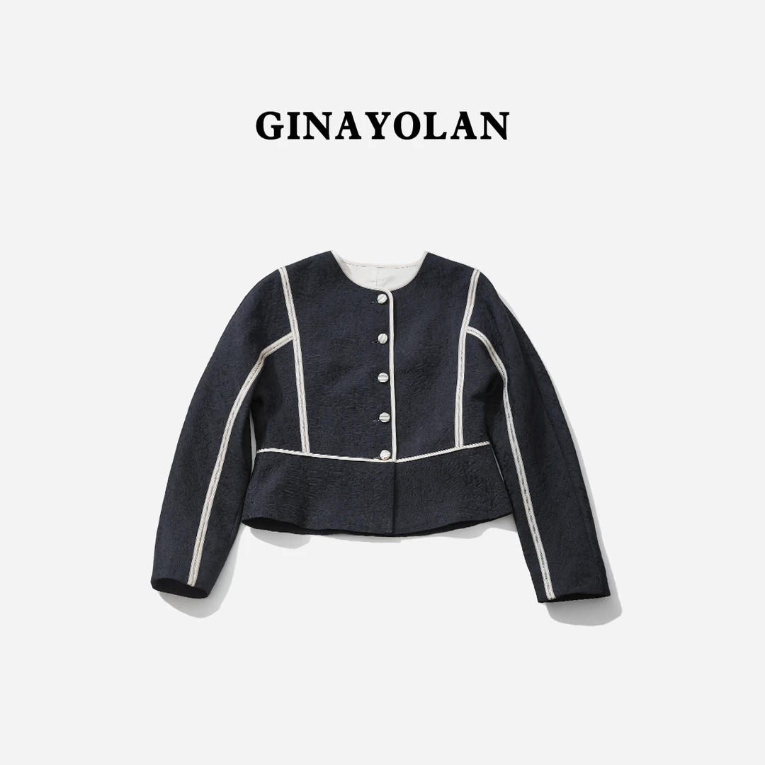 GINAYOLAN/瑾颜【设计师系列】原创设计上衣提花撞色拼接气质短外套