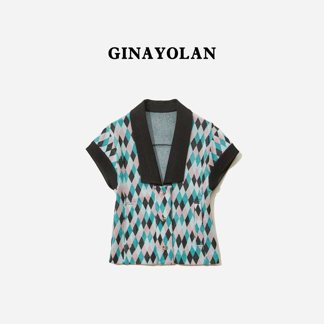 GINAYOLAN/瑾颜【设计师系列】菱形格重工气质亮闪针织衫休闲时尚