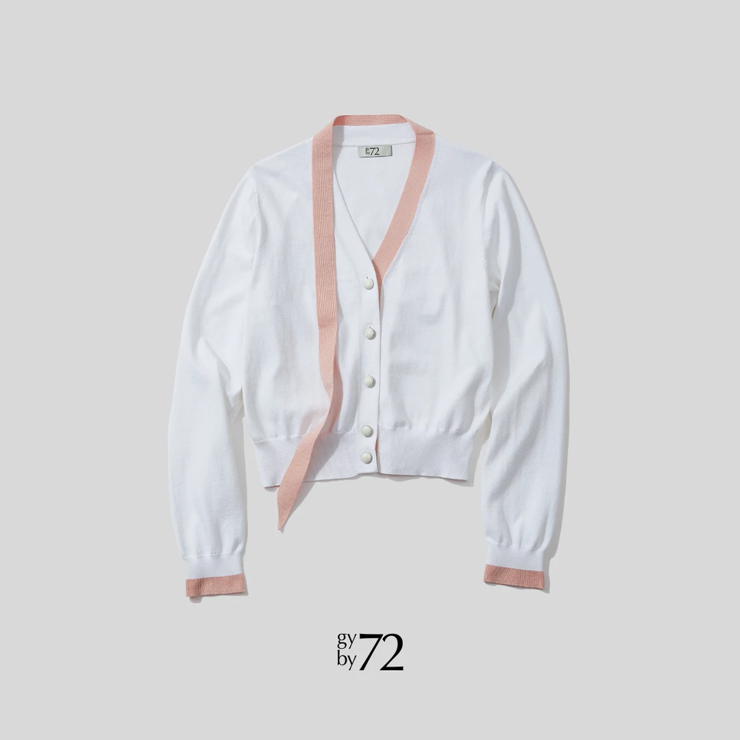 gy by 72/原创设计意大利进口面料粉白撞色飘带时尚秋季针织开衫
