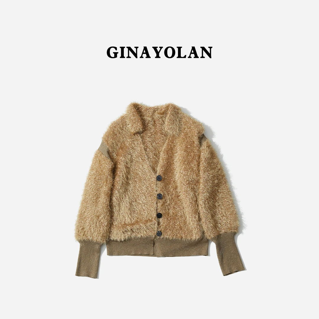 GINAYOLAN/瑾颜【设计师系列】意大利进口面料重工宽松V领针织外套