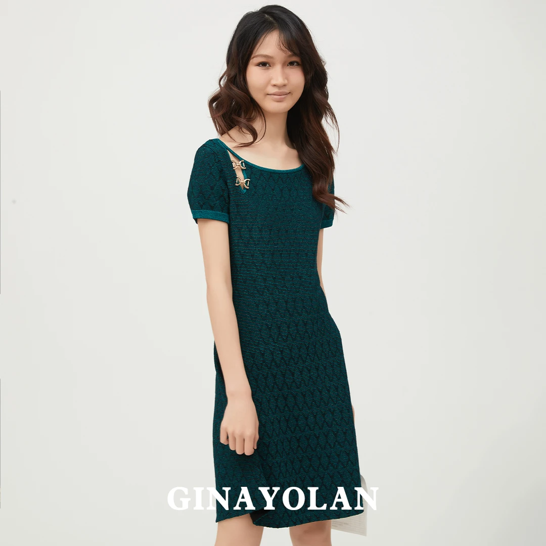 GINAYOLAN/瑾颜【新品系列】意大利进口面料时尚蝴蝶扣水晶纱连衣裙