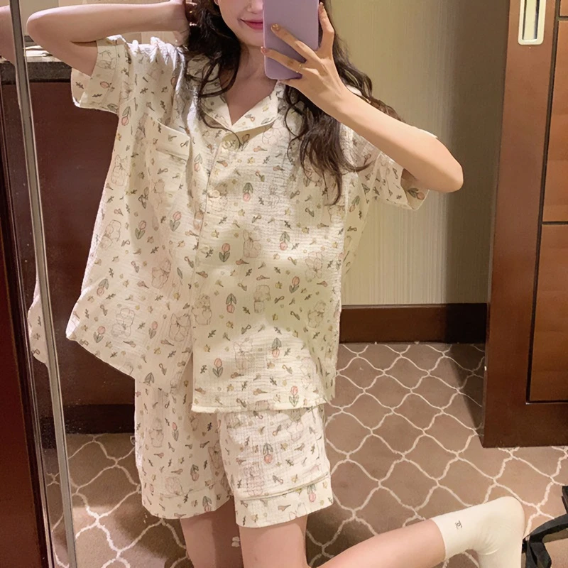 2023新款ins睡衣女日系甜美兔子网红短袖短裤开衫宽松家居服套装