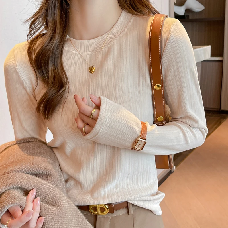 螺纹圆领德绒打底衫女秋冬季内搭洋气磨毛加厚保暖长袖t恤上衣