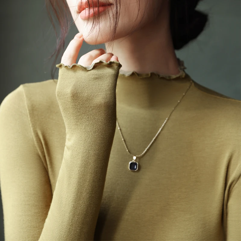 莫代尔半高领木耳边打底衫女秋冬季薄款内搭修身显瘦长袖t恤上衣
