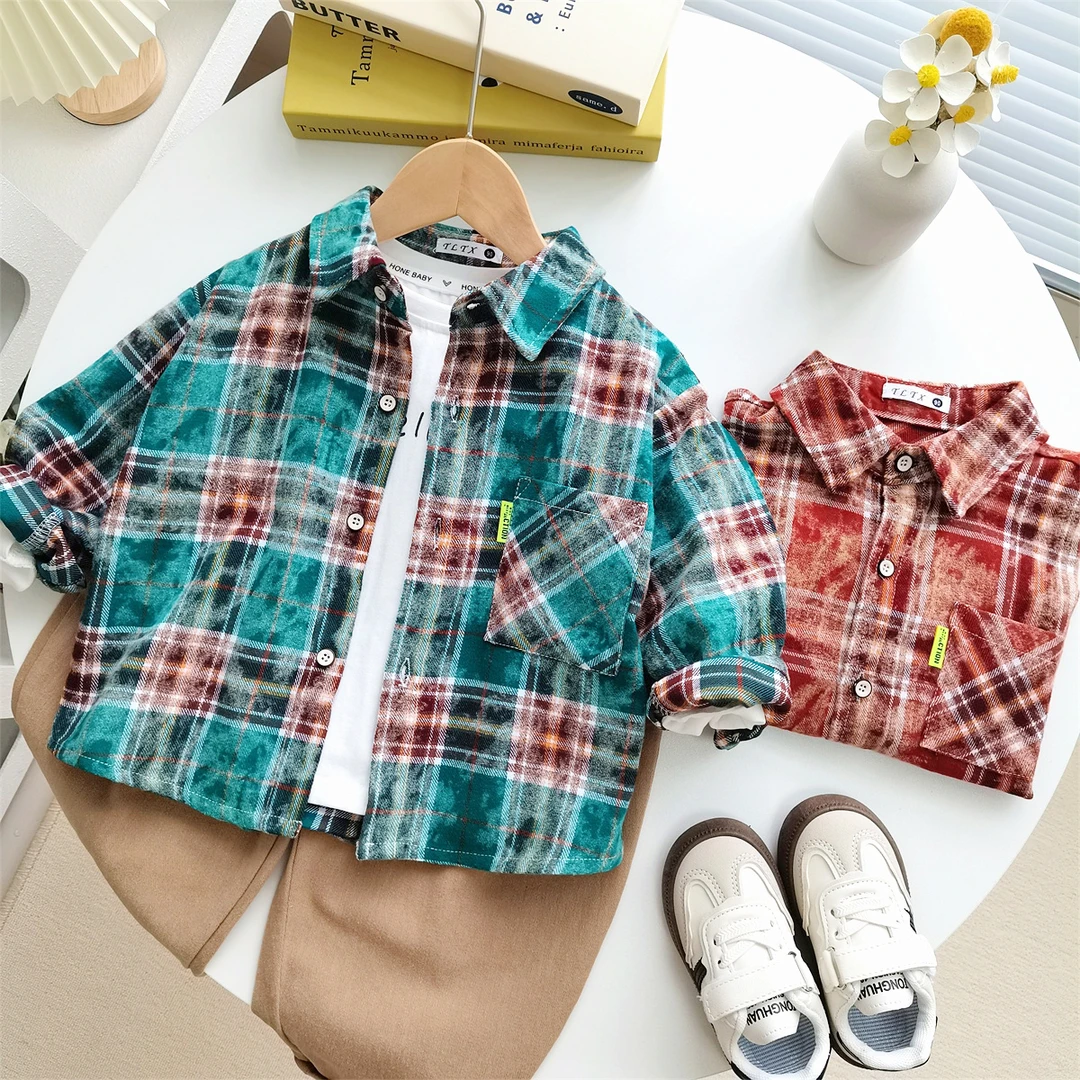 断码捡漏【港风做旧工艺】男童宝宝格子衬衫2025秋装儿童长袖衬衣