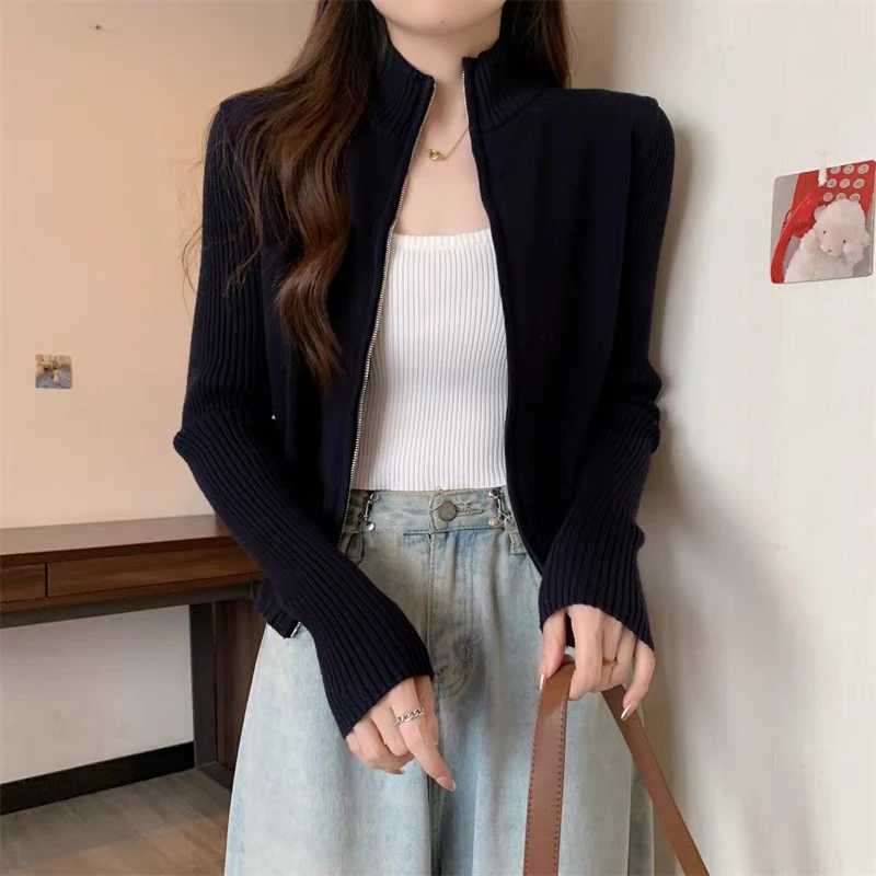 2024秋冬开衫毛衣女拉链外套半高领修身显瘦通勤百搭短款针织上衣