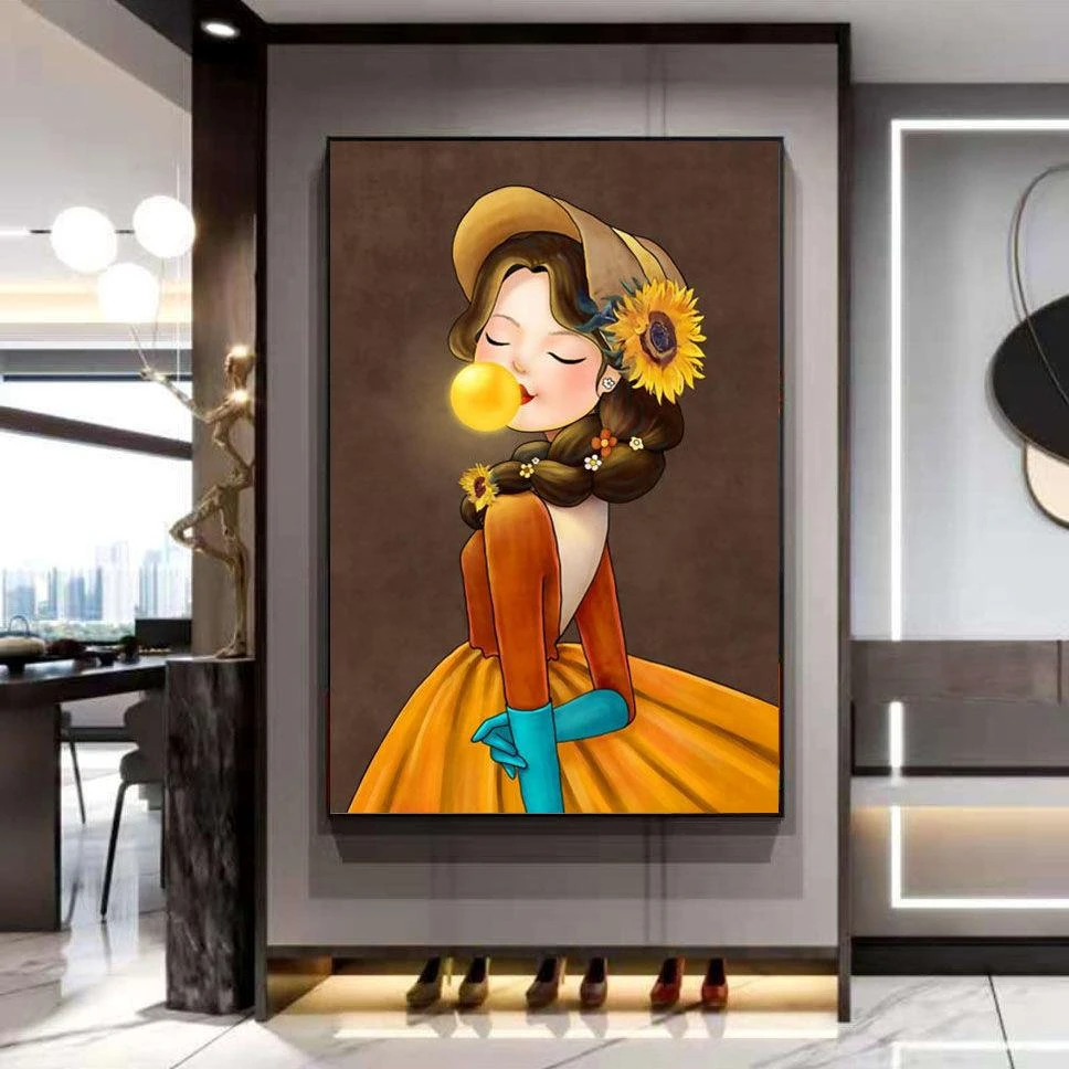 【太阳女孩装饰画】轻奢人物玄关装饰画可爱温馨房间挂画镶钻晶瓷