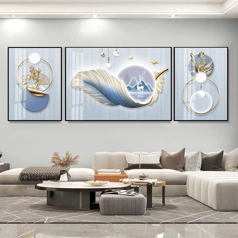 福禄客厅装饰画轻奢羽毛沙发三联画现代蓝色好寓意沙发背景墙挂画