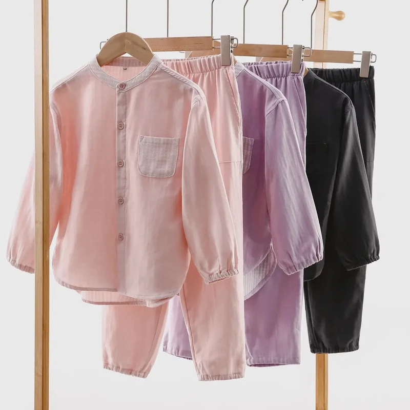 儿童全棉纯棉休闲双层纱立领秋冬加厚保暖中大童套装睡衣家居服