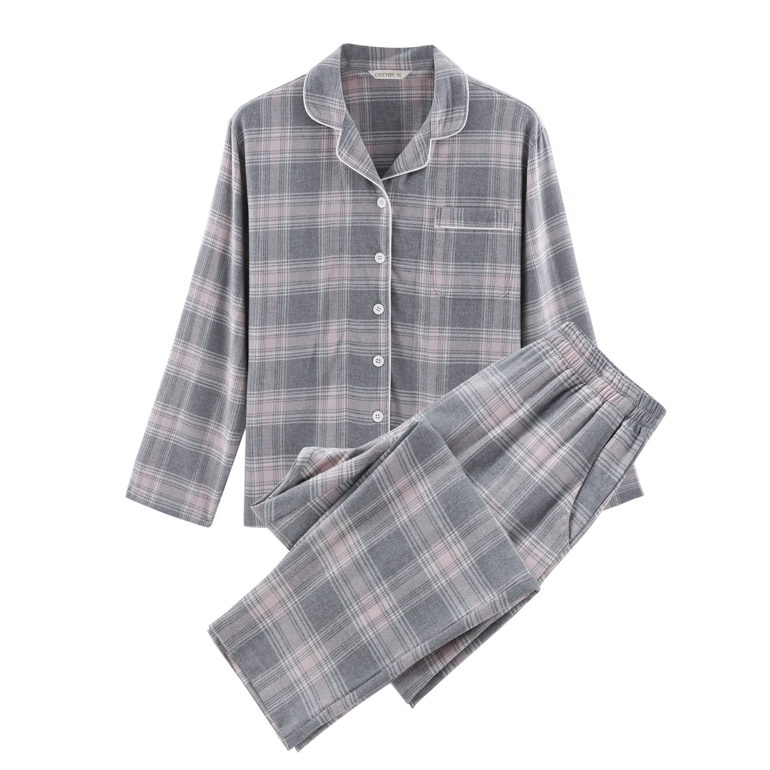 全棉法兰绒情侣男女长袖格子舒适翻领纯棉睡衣套装时尚