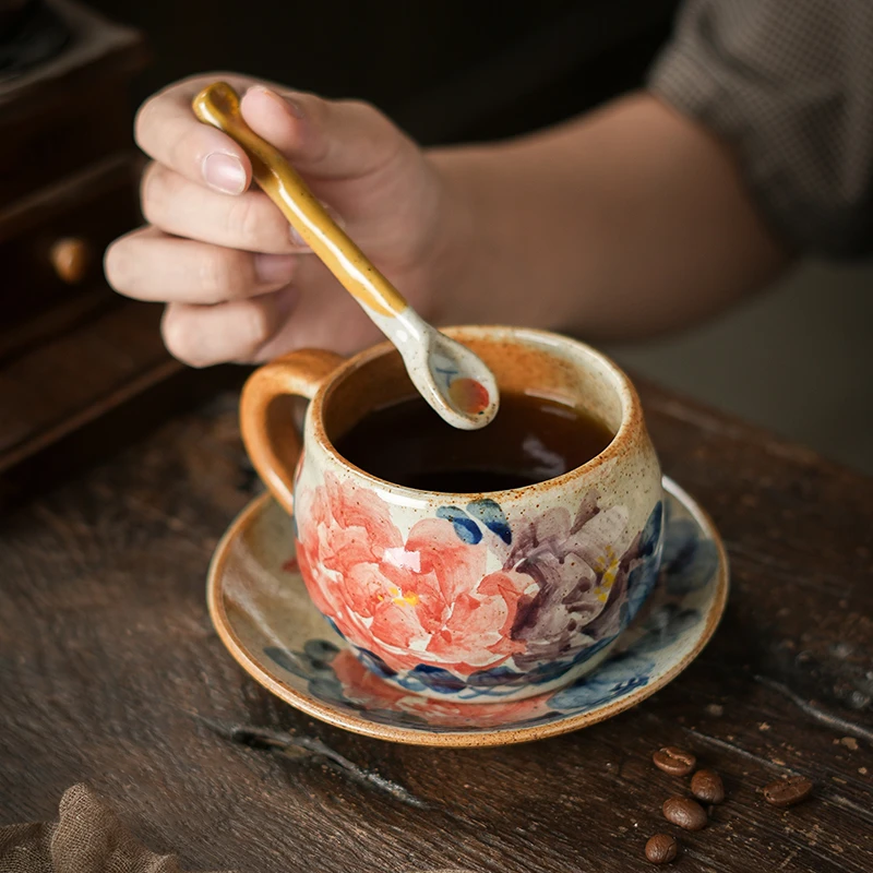 景德镇陶瓷手绘釉下五彩牡丹咖啡杯手握杯茶杯水杯粗陶复古杯
