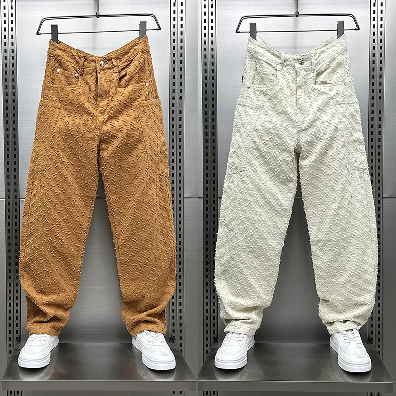 美式轻奢提花水洗哈伦裤男美式秋季宽松休闲裤痞帅钩花磨破弯刀裤