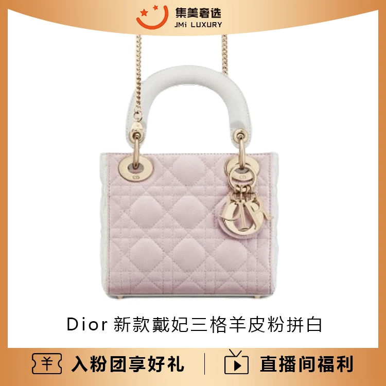 全新未使用 DIOR/迪奥 Dior新款戴妃三格羊皮粉拼白时尚包/JM9990