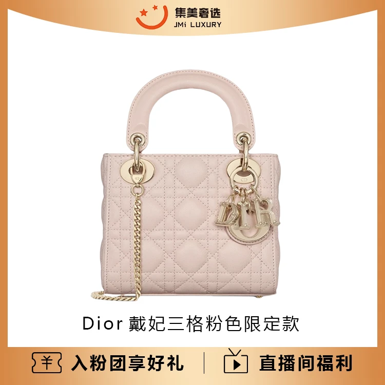 未使用 DIOR/迪奥 戴妃三格羊皮粉色琥珀扣限定时尚包全新/AM1629