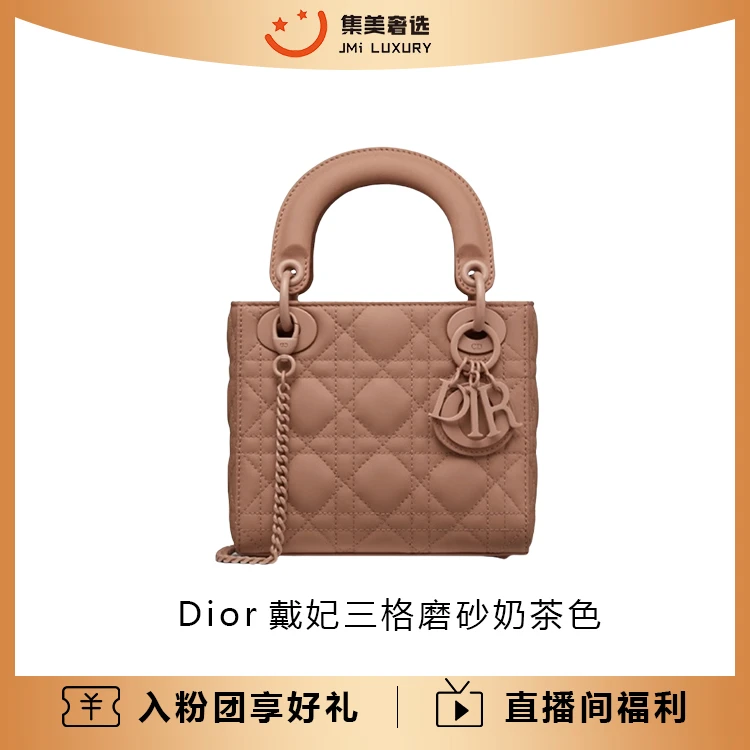 99新 DIOR/迪奥 戴妃三格磨砂奶茶色气质时尚包/公39500/JM7008