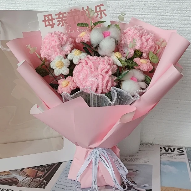 创意毛线针织康乃馨玫瑰花束卡通花束生日毕业母亲节520礼物包邮
