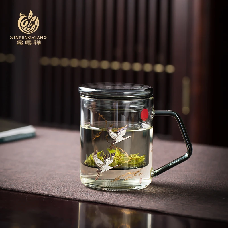 仙鹤杯个人泡茶杯办公杯茶高档茶水分离杯耐热玻璃茶具水杯