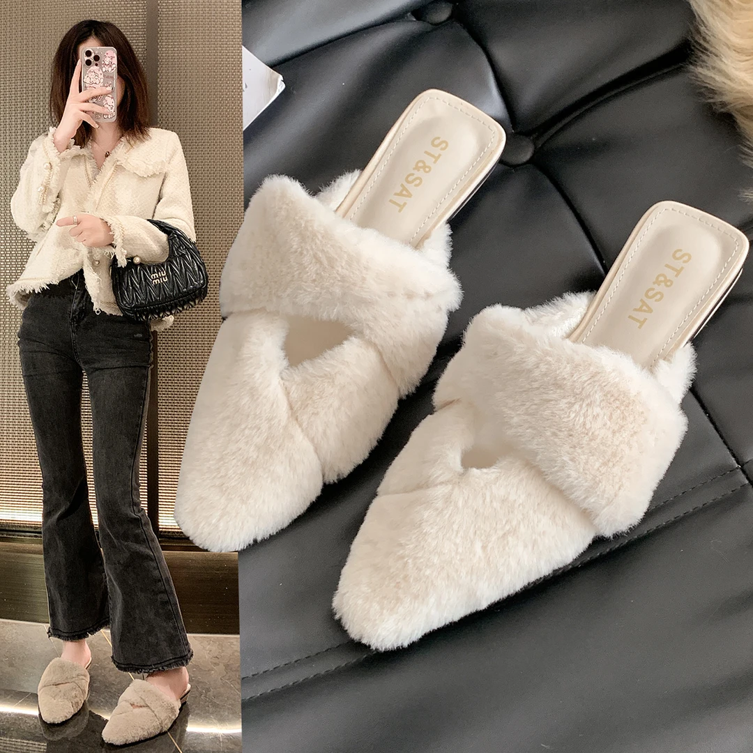 星期六毛毛鞋女2024冬季新款百搭粗跟尖头棉鞋小众外穿通勤棉拖鞋