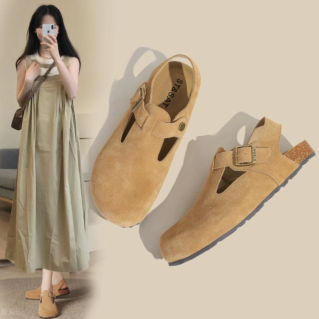 星期六半拖勃肯鞋女2024冬季新款时尚百搭妈妈鞋平底外穿通勤单鞋