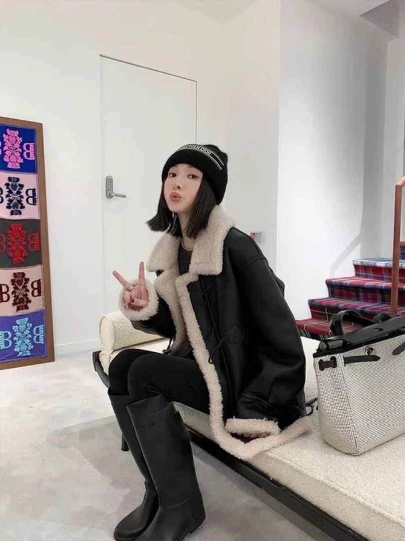 机车风秋冬新款高端休闲羊毛韩式大衣女oversize款外套