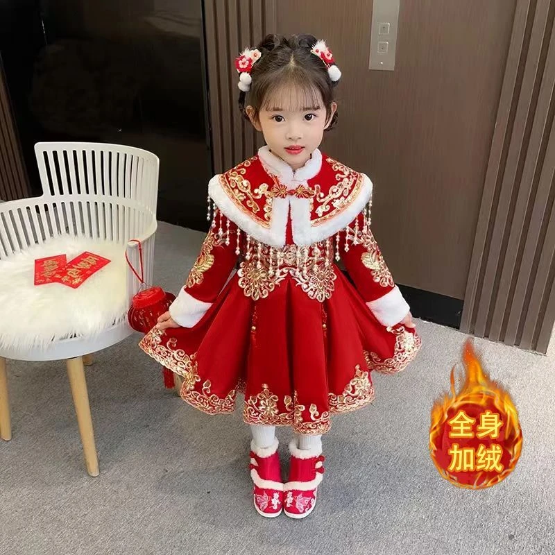 汉服女童冬装连衣裙新款中国风儿童古装裙子加周岁礼衣服抓周礼服