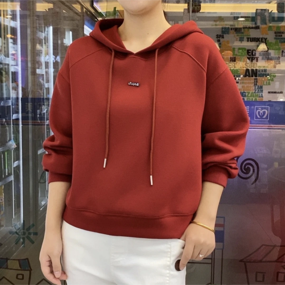 秋冬加绒休闲卫衣简约纯色减龄连帽百搭宽松打底保暖上衣女装