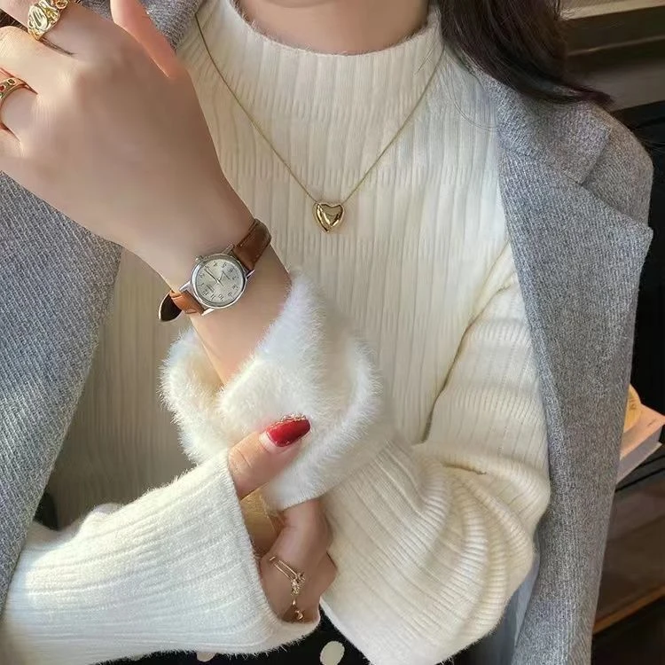 秋冬加绒毛衣女打底衫半高领加厚保暖内搭一体水貂绒针织白色上衣
