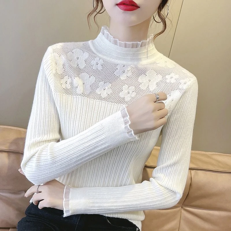 蕾丝上衣女秋冬女装2023年新款洋气百搭长袖针织衫套头毛衣打底衫