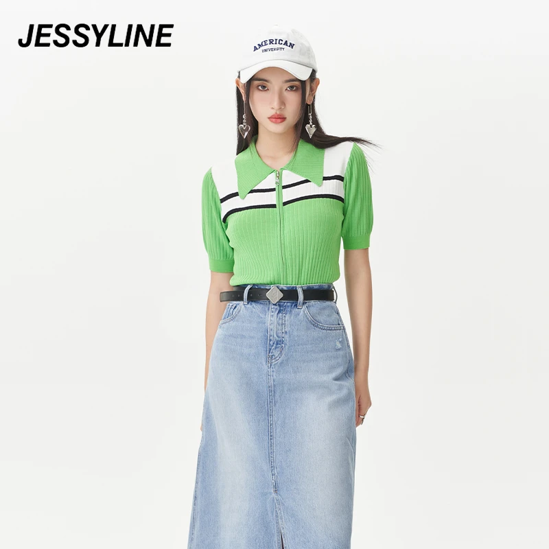 jessyline2024夏装新品 杰茜莱绿色短袖短款针织开衫女 323104440