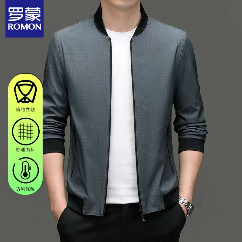 罗蒙男士秋季新款小方格立领长袖外套夹克衫中年拉链上衣