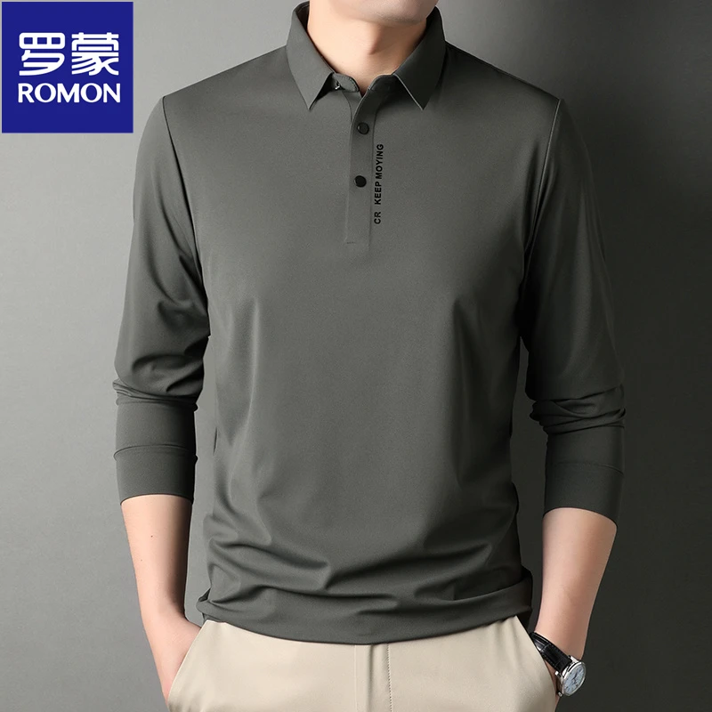 罗蒙春秋新款男士翻领polo衫商务休闲无痕中年纯色爸爸装简约大气