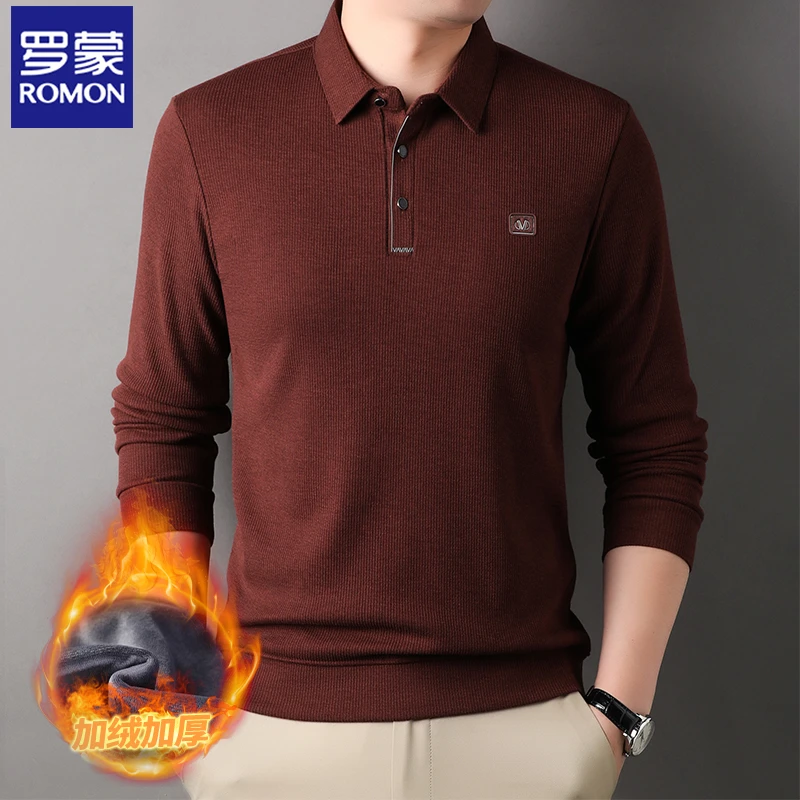 罗蒙男士秋冬加绒加厚翻领针织T恤衫中年商务休闲打底衫上衣潮