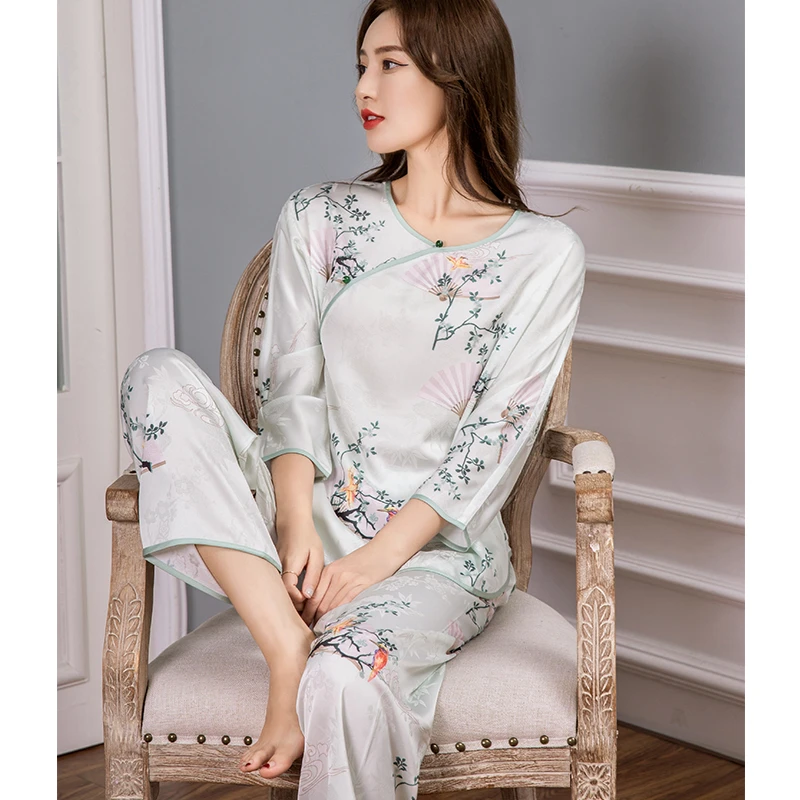 上海故事【云雀传说】睡衣女春秋国风提花家居服长袖宽松套装大码