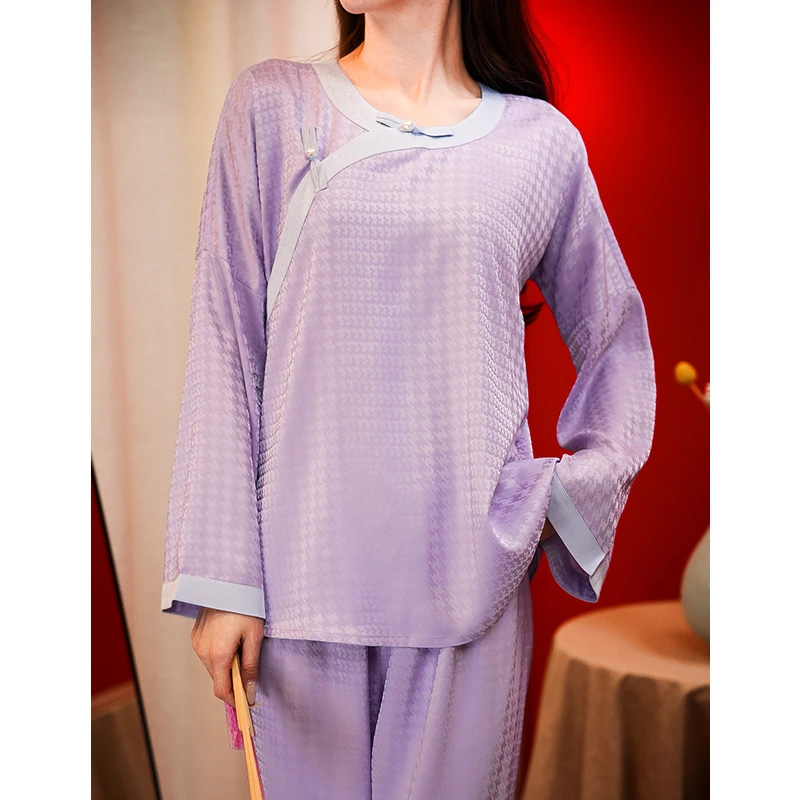 上海故事【千鸟格】新中式睡衣女春秋千鸟格提花家居服红色宽松套装