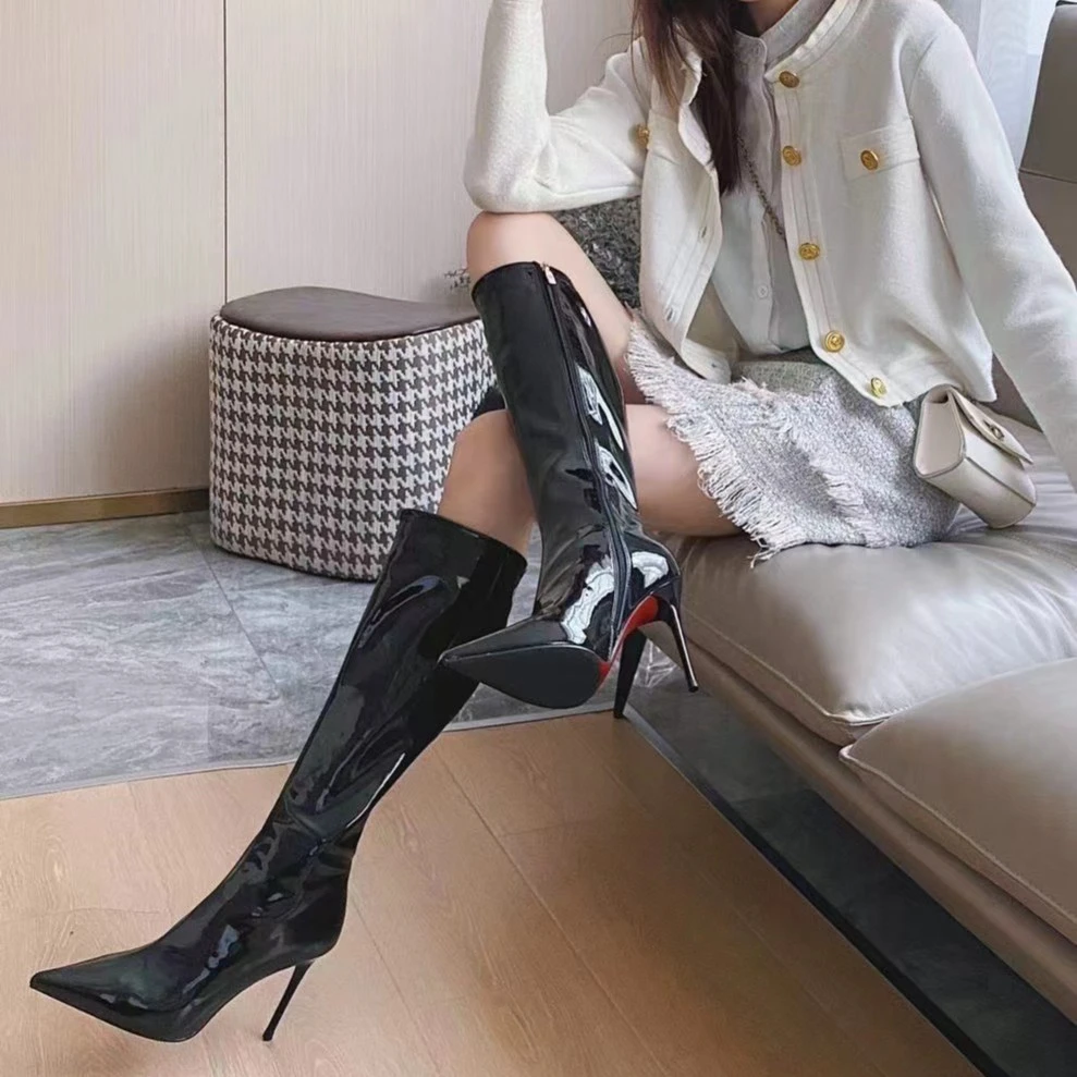 欧洲站性感亮皮长筒靴细跟高筒靴不过膝长靴903-13