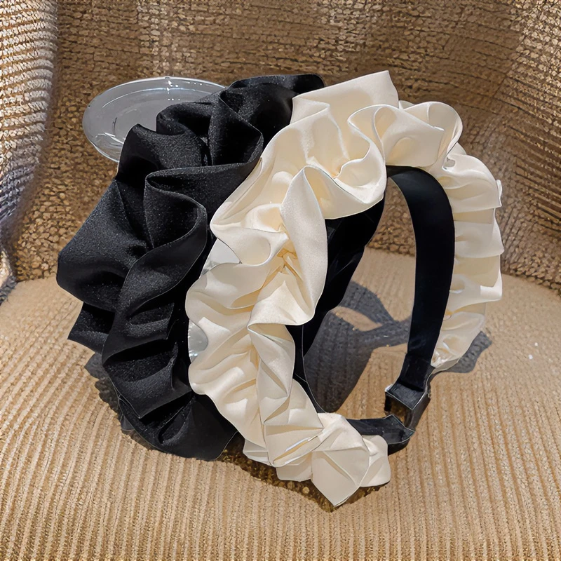 新高颅顶女黑色缎面褶皱头箍法式网红纯色新款显脸小发箍宽边发卡