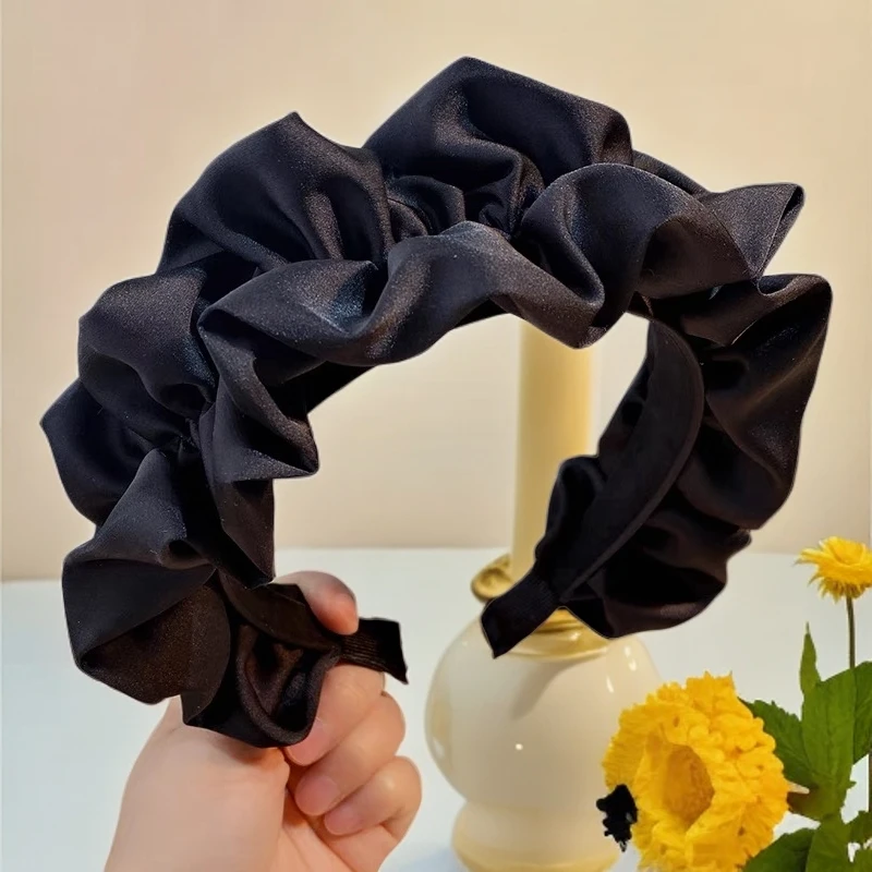 非金属布艺发饰气质高颅顶褶皱木耳边显脸小宽边黑色缎面发箍时尚