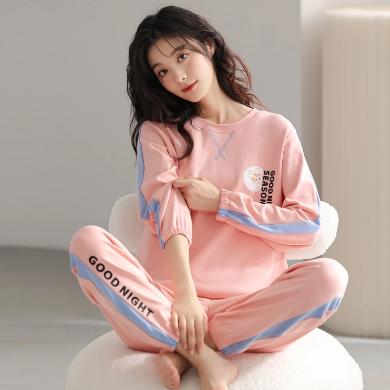 100%高档纯棉睡衣女春秋长袖可外穿休闲运动宽松加大码家居服套装