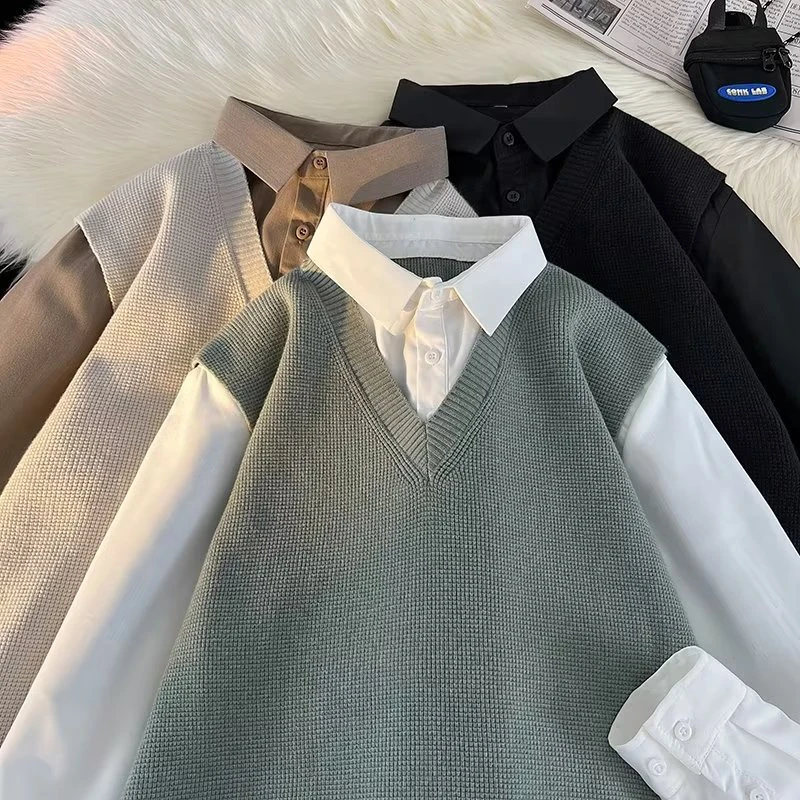 美拉德假两件高级感毛衣拼接衬衫男款春秋季美式学院风针织背心