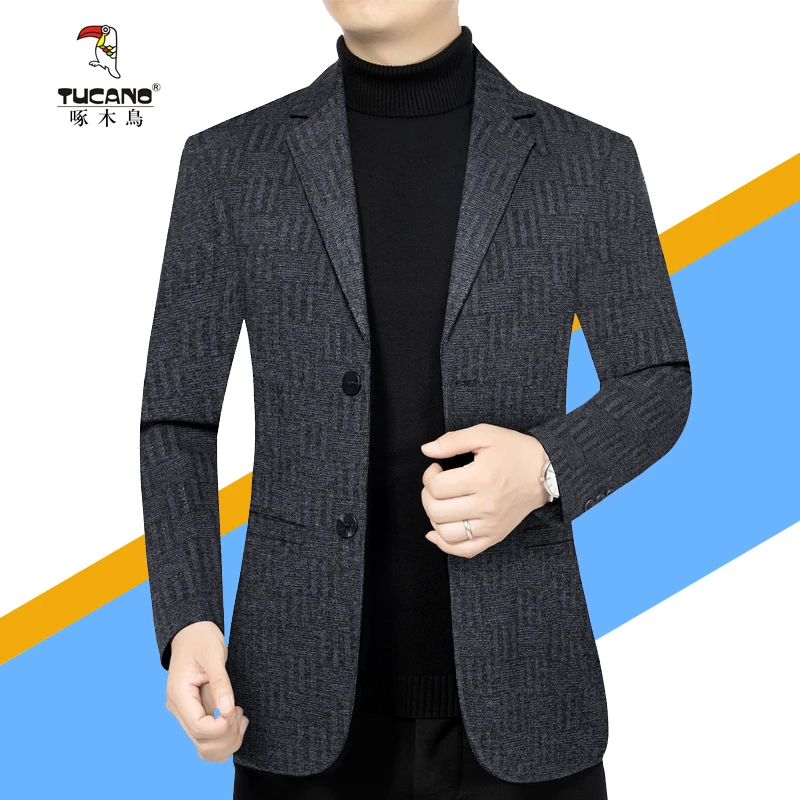 啄木鸟休闲西装外套男毛呢中青年休闲男士拉毛小西服春秋新款帅气