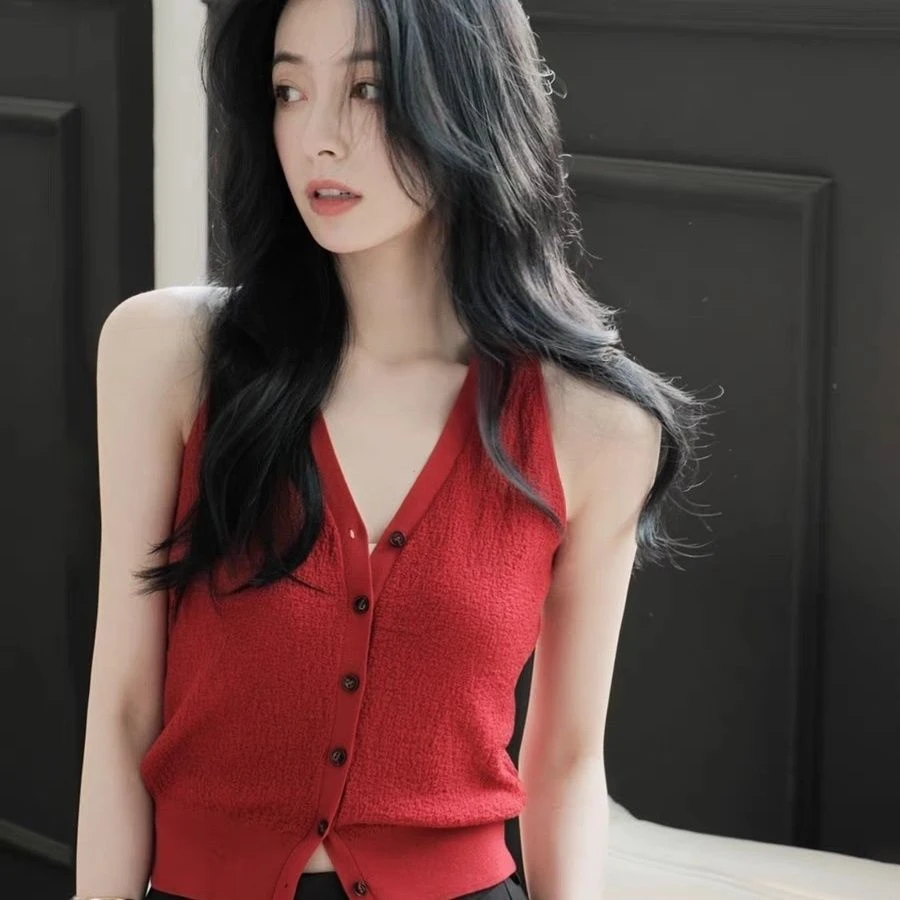 【5008】港风马甲复古V领红色吊带冰丝夏季削肩背心女收腰凉感针